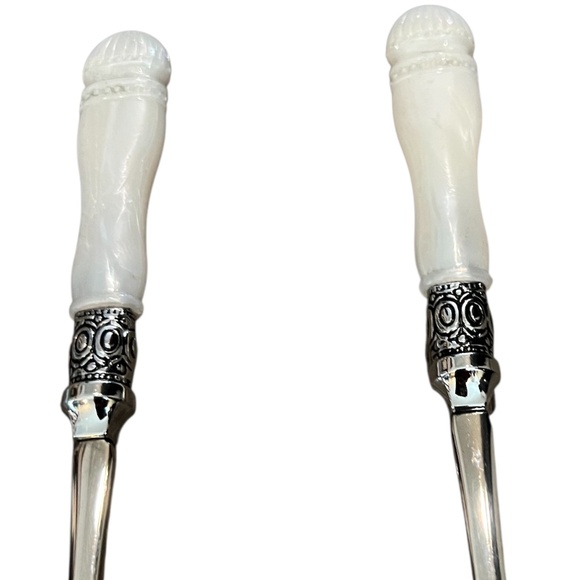 Pair Vintage SLAH Faux Carved Mother of Pearl Handles Salad Serving Spoon & Fork - Picture 5 of 5